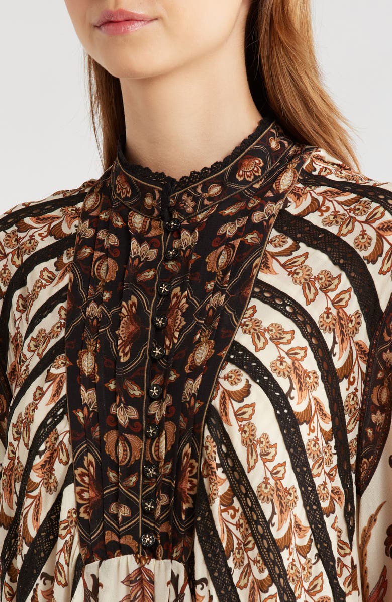 FARM Rio Majestic Garden Long Sleeve Lace Insets Trapeze Dress, Alternate, color, Sand