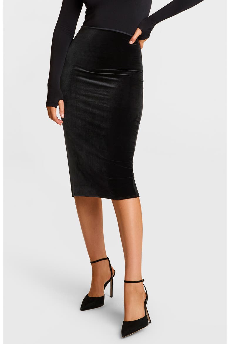 Stretch Velvet Midi Skirt, Main, color, BLACK