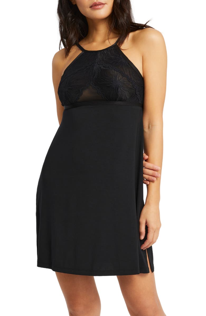 Fleur't Parisian Nights Lace Trim Chemise, Alternate, color, Black