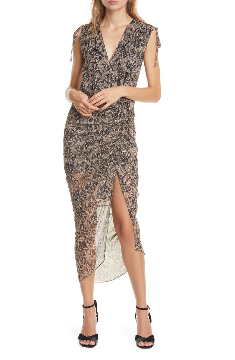 Veronica Beard Teagan Snake Print Ruched Silk Dress, Main, color, 