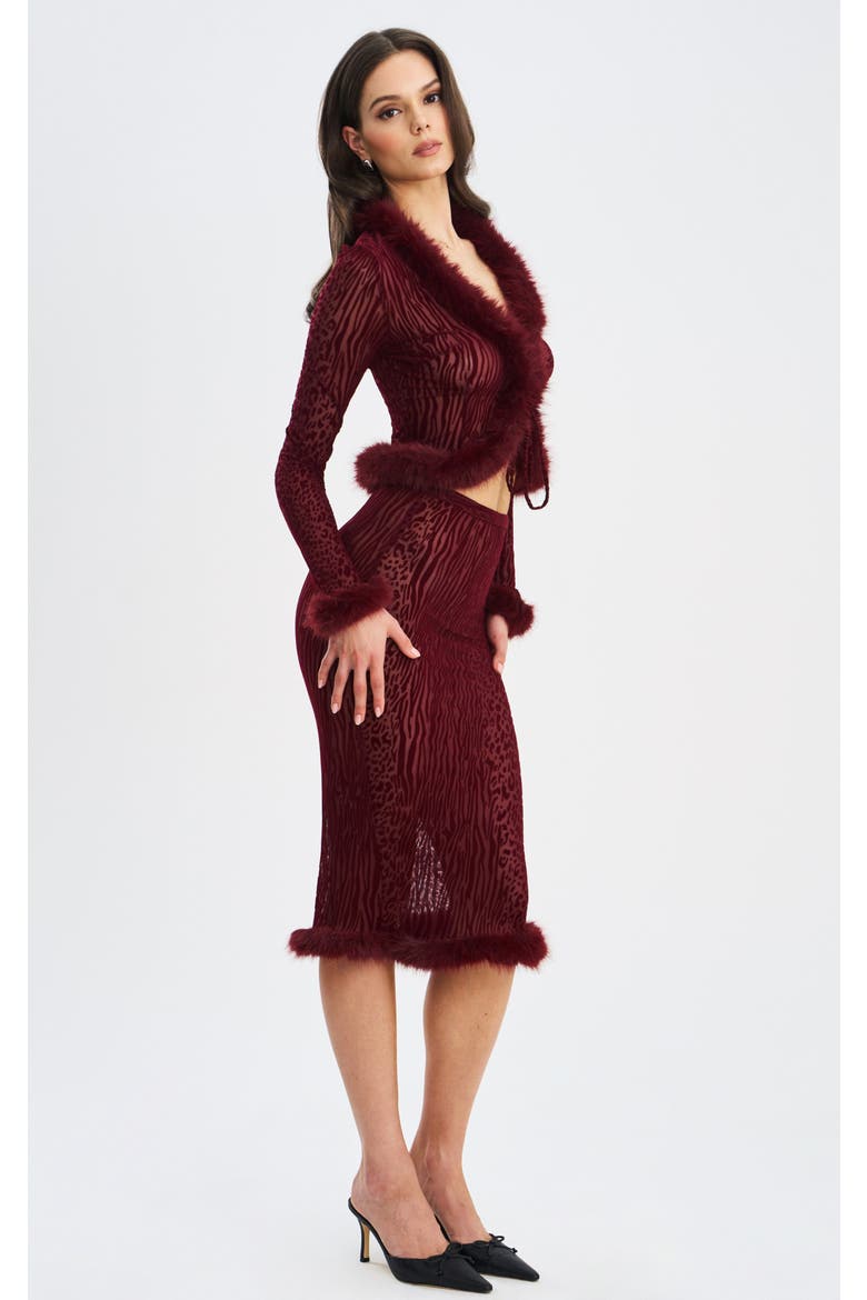 Haliia Burnout Velvet Faux Fur Trim Skirt, Alternate, color, Burgundy