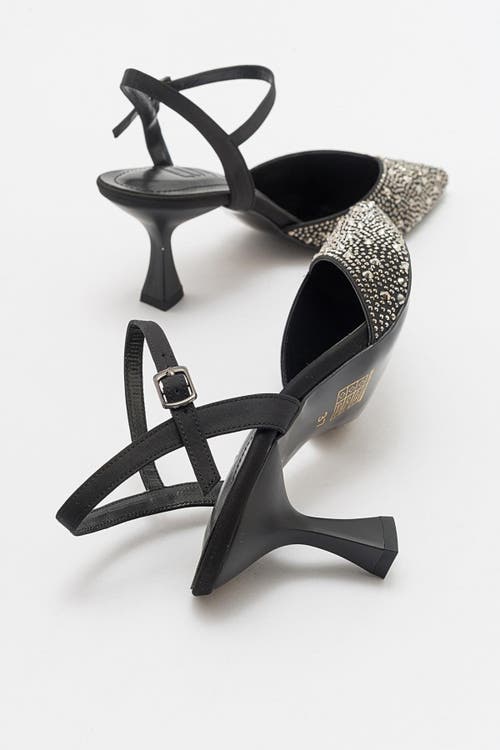 Forever & Always Shoes Vilka Embellished Slingback Kitten Heel Pumps In Black Faux Leather