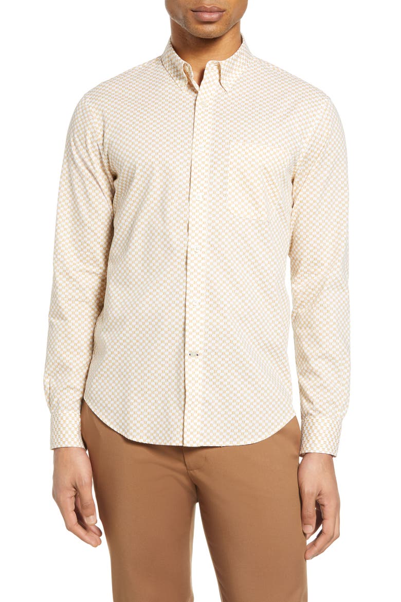 Slim Fit Honeycomb Print Button-Down Shirt, Main, color, WHITE/ YELLOW