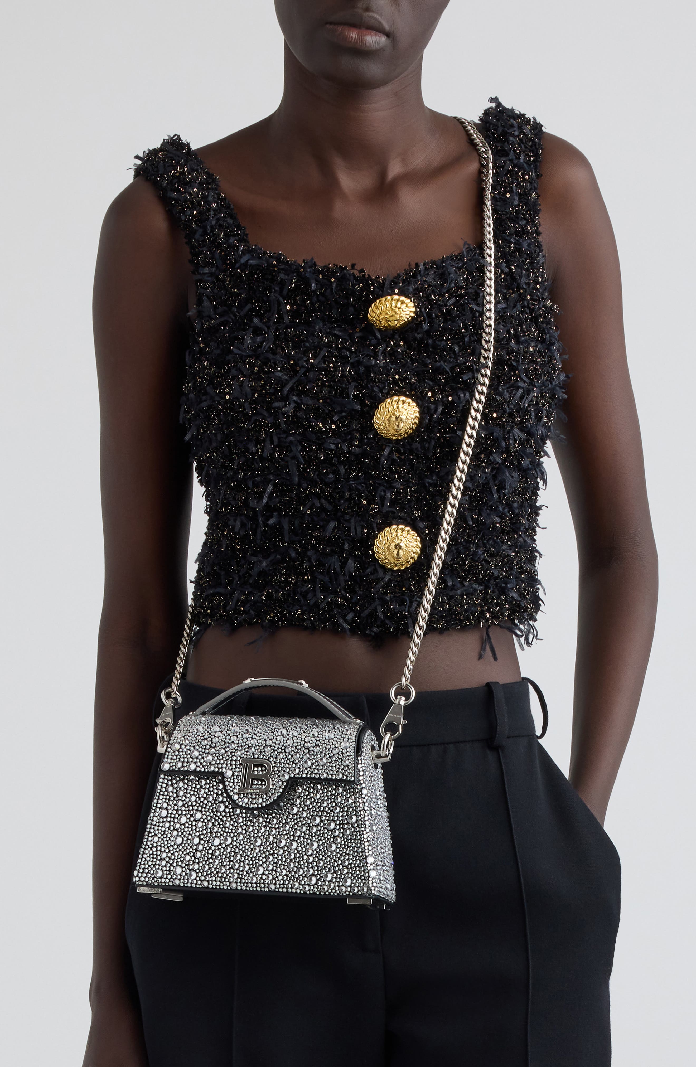 Balmain B-Buzz Dynasty Crystal Embellished Top Handle Bag, Alternate, color, 