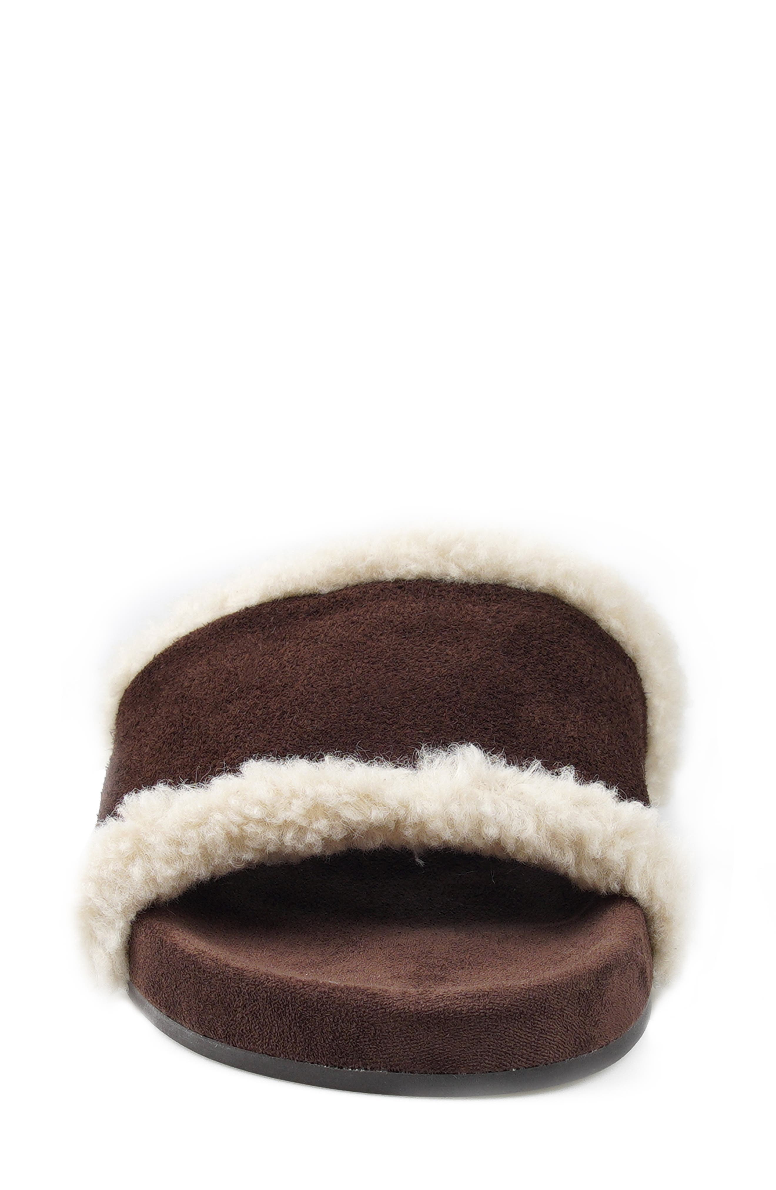 Tawney Faux Fur Trim Slide Sandal, Alternate, color, BROWN SUEDE