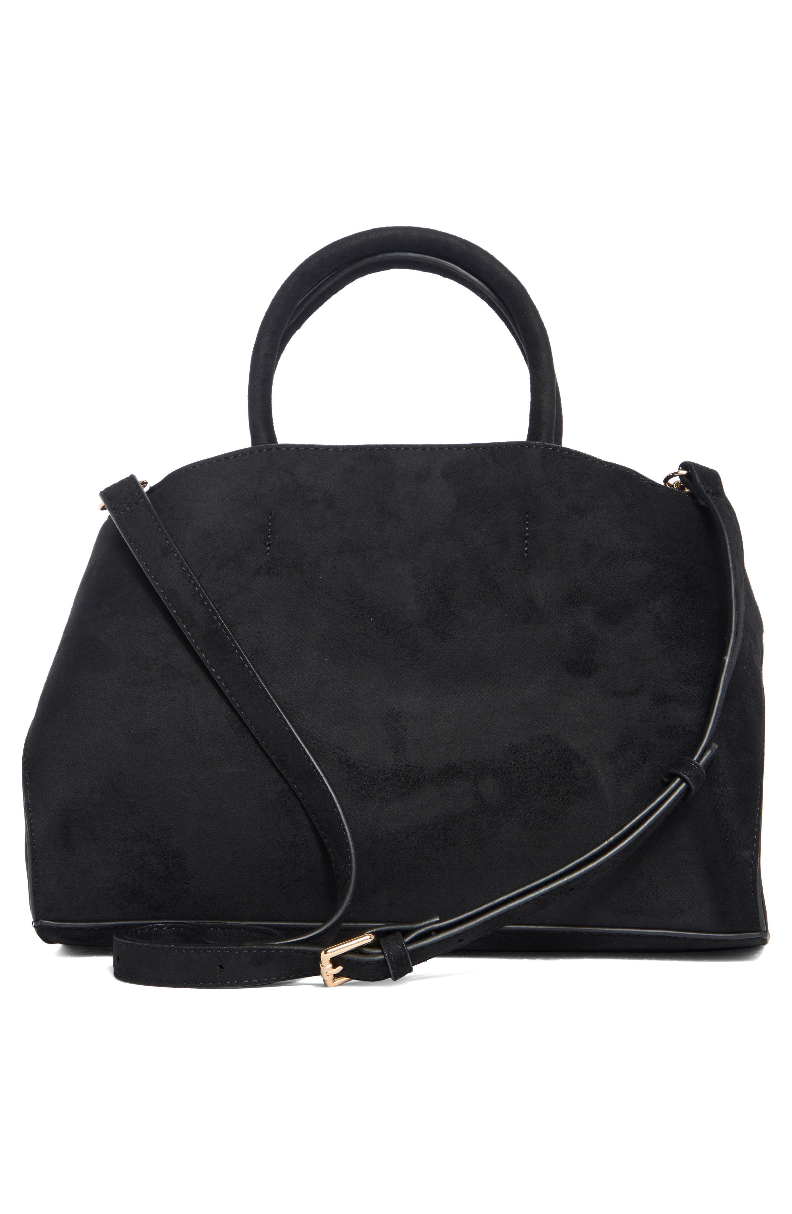 URBAN EXPRESSIONS HANDBAGS Faux Suede Double Buckle Satchel, Alternate, color, Black