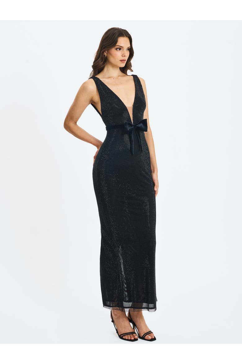 Olympia Belted Bow Plunging Rhinestone Maxi Dress, Alternate, color, Black