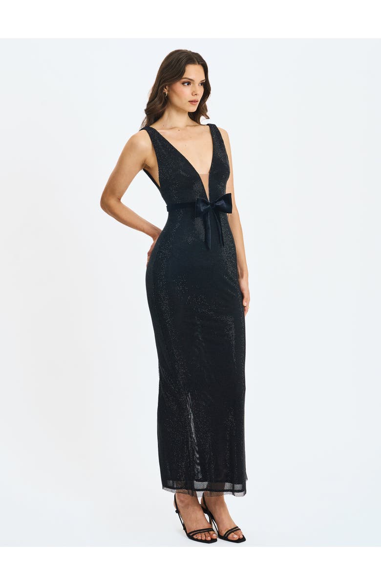Miss Circle Olympia Belted Bow Plunging Rhinestone Maxi Dress, Alternate, color, Black