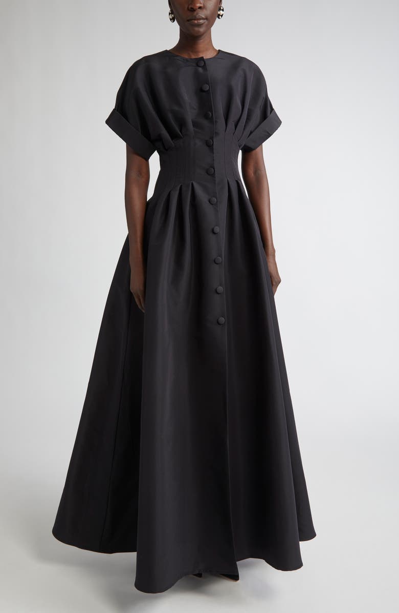 Carolina Herrera Cuffed Short Sleeve Button Front Silk Faille Gown, Main, color, Black