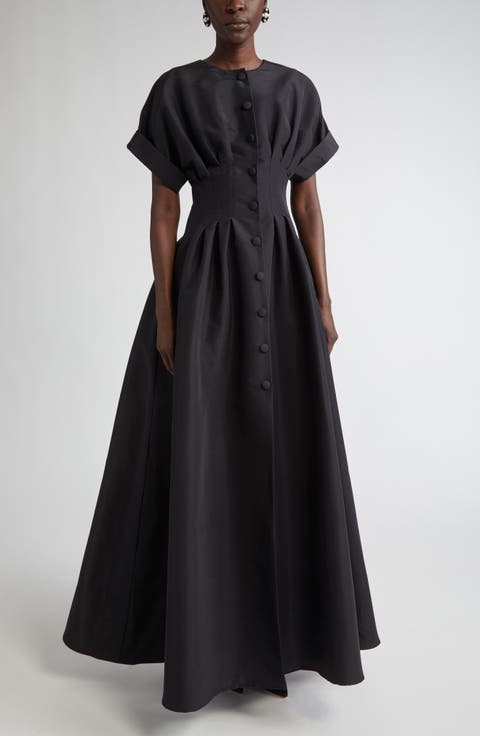 Cuffed Short Sleeve Button Front Silk Faille Gown