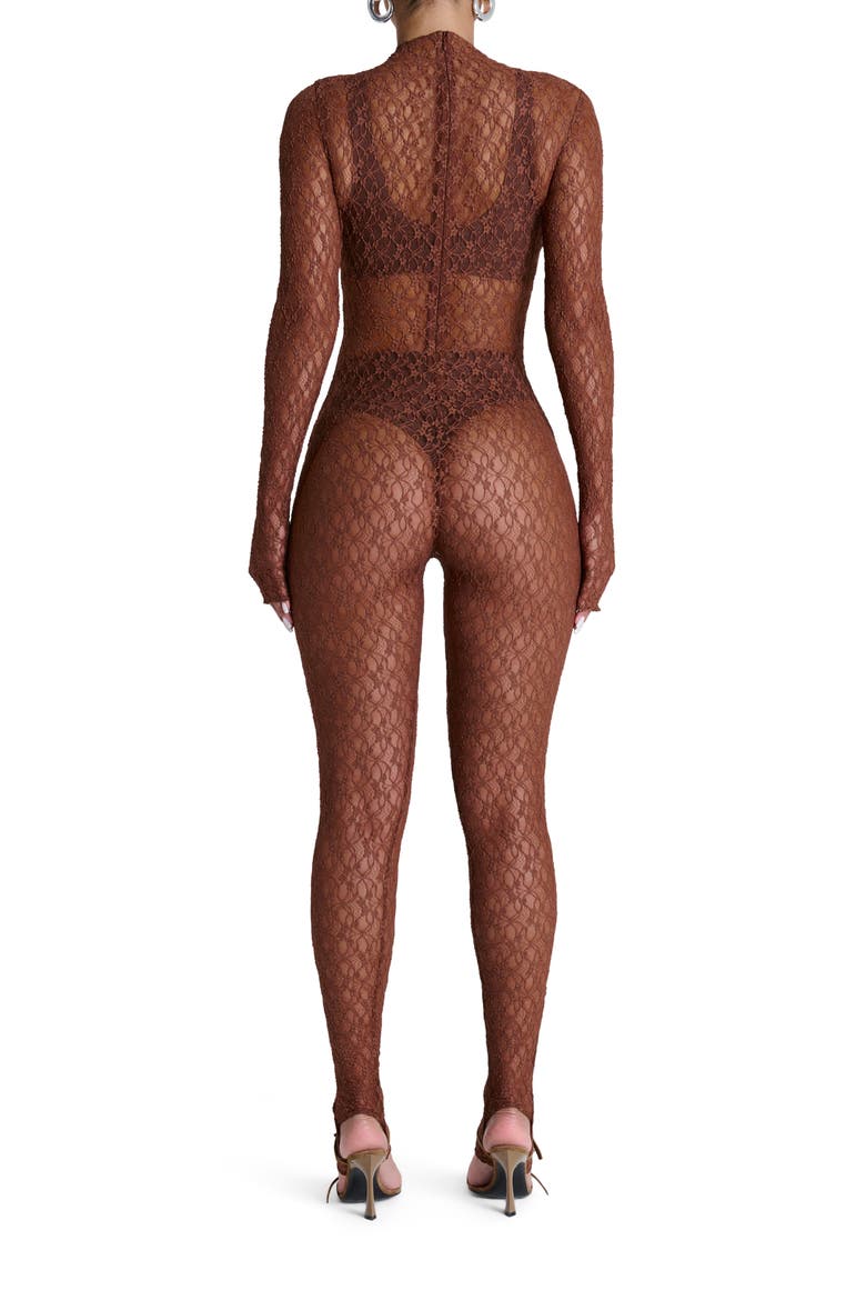 Sheer Lace Long Sleeve Stirrup Jumpsuit, Alternate, color, BROWN SUGAR