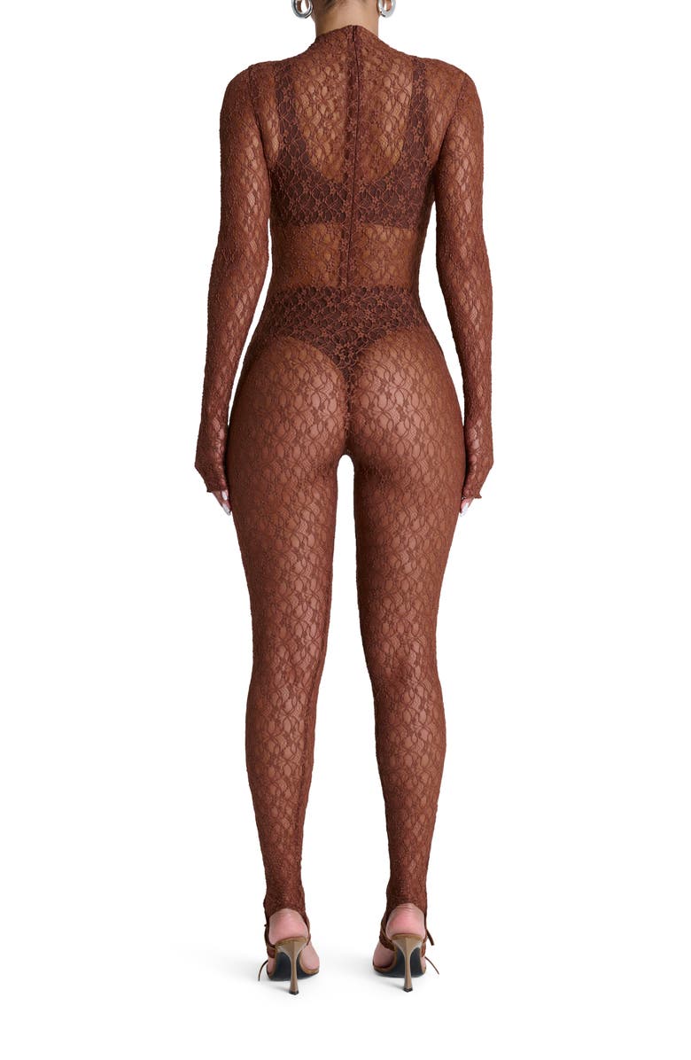 Naked Wardrobe Sheer Lace Long Sleeve Stirrup Jumpsuit, Alternate, color, Brown Sugar