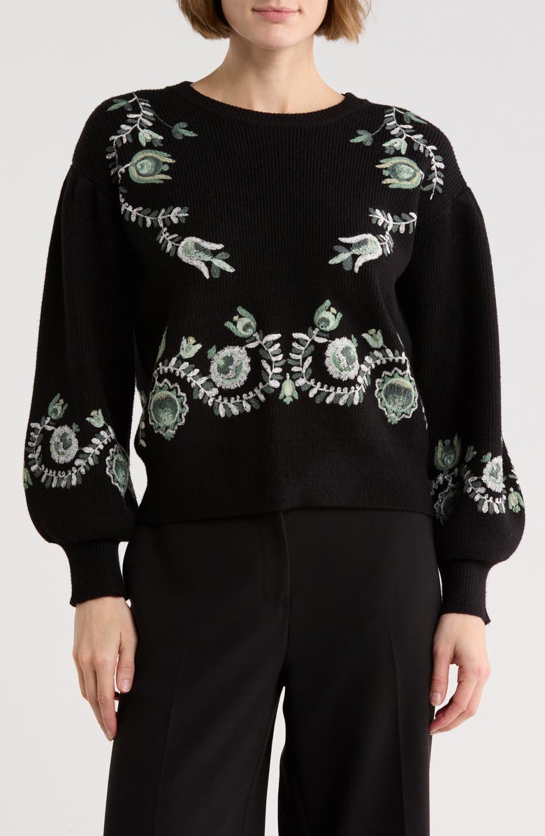 ELIE ELIE TAHARI Floral Embrodiered Sweater, Main, color, Black W/ Embroidery