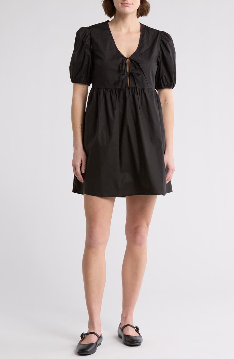 Know One Cares Tie Front Puff Sleeve Poplin Minidress, Main, color, 
