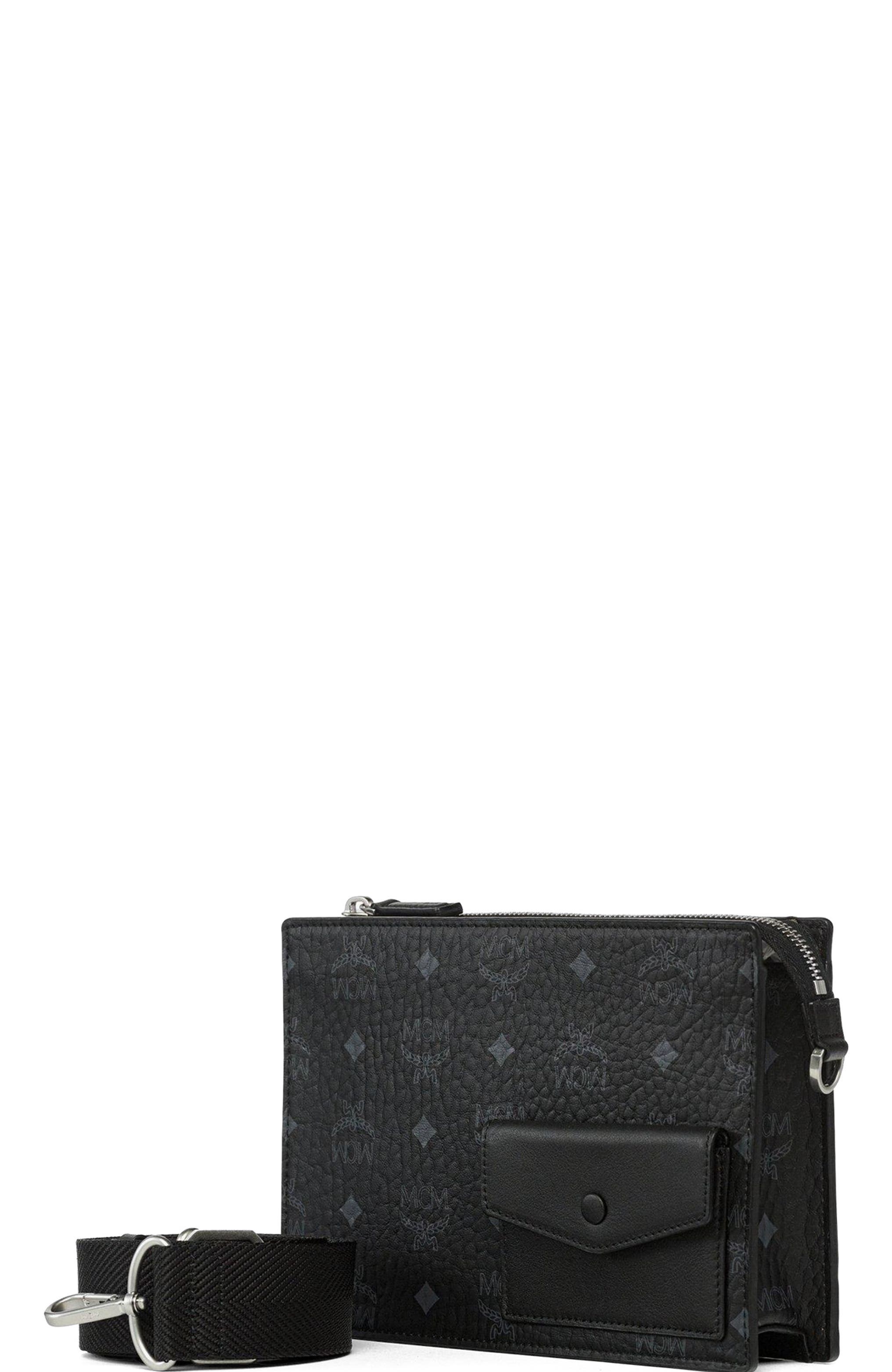 MCM Aren Standing Crossbody Pouch in Visetos, Alternate, color, Black