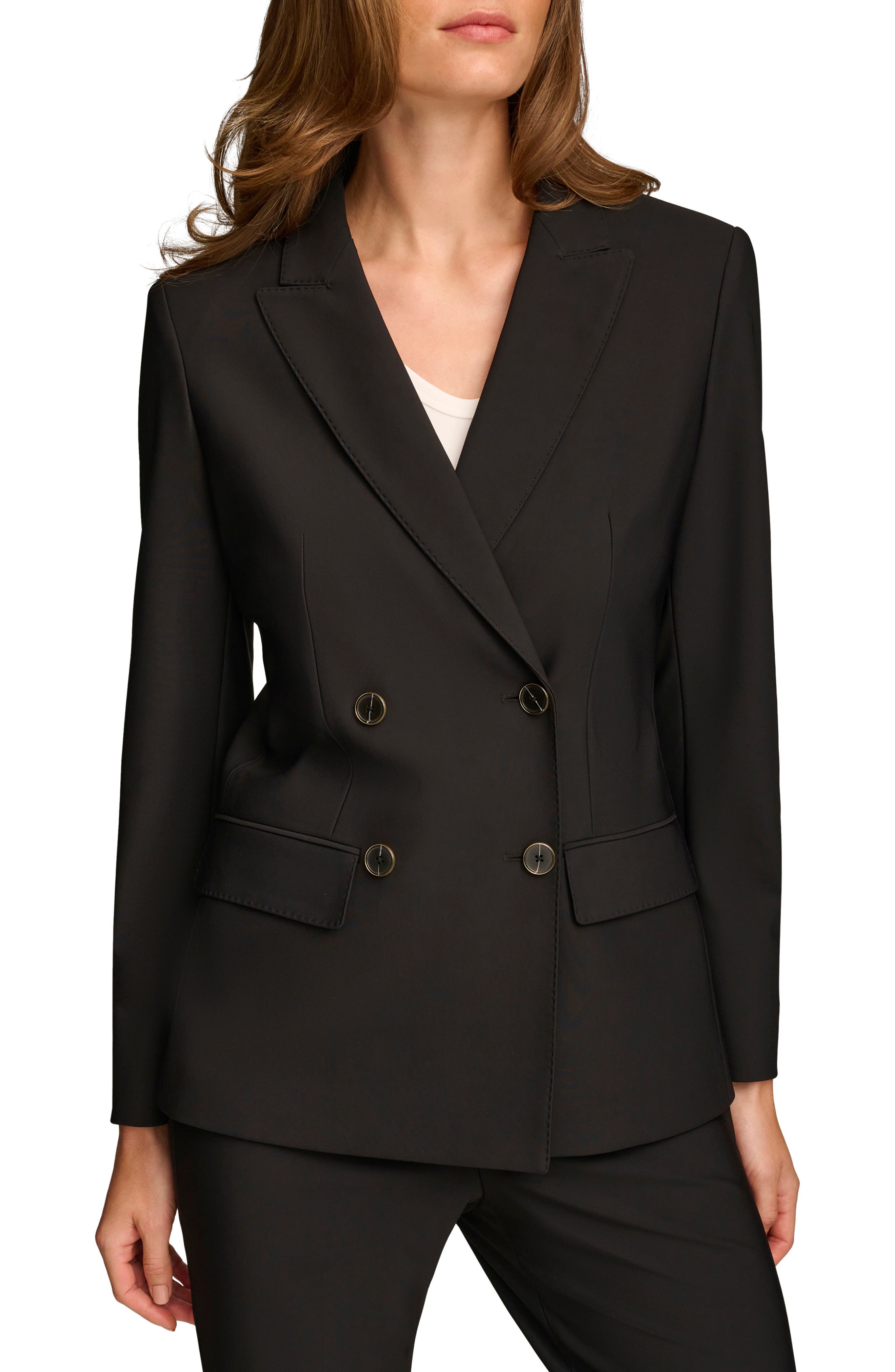 DONNA KARAN Pickstitch Double Breasted Blazer in Black 