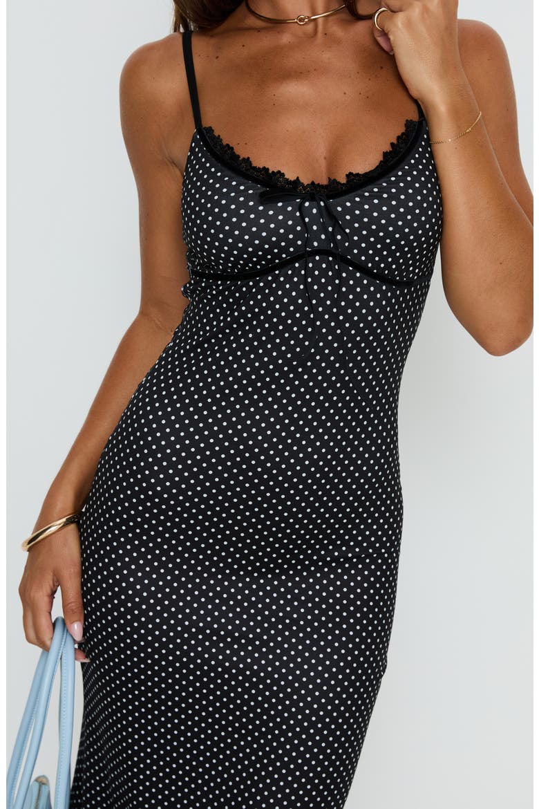 black polka dot dress with lace Rare London satin lace trim maxi dress in black & white polka dot