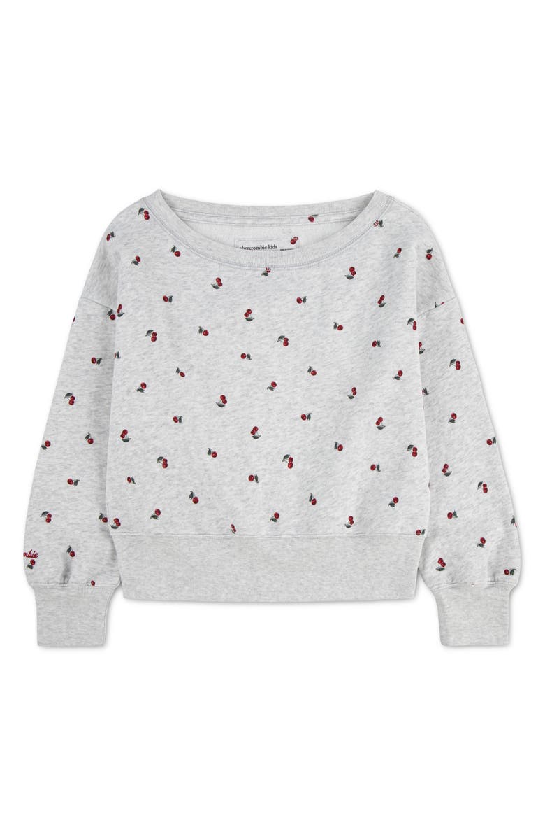 abercrombie kids Kids' Cherry Print Off the Shoulder Sweatshirt, Main, color, Light Grey Heather