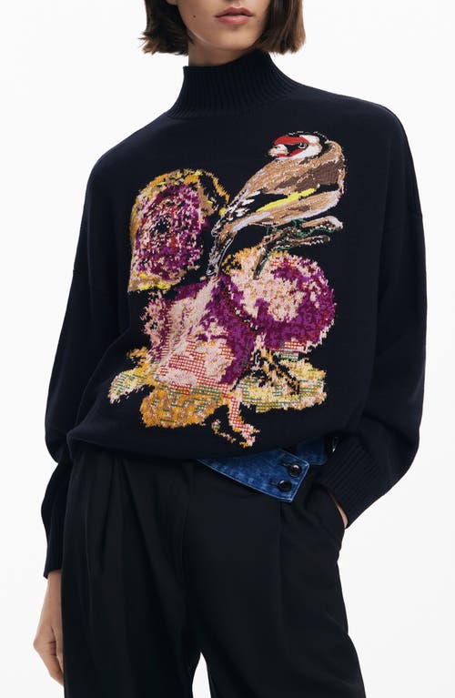 Desigual Embroidered Mock Neck Sweater In Black