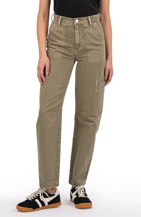 Kiera High Waist Slim Barrel Leg Cargo Jeans (Olive)