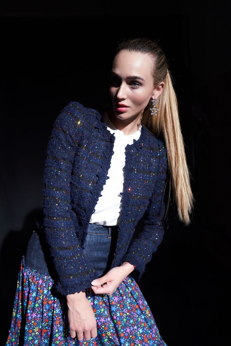 Sequins Tweed Jacket With Macrame Trimming, Alternate, color, Blue