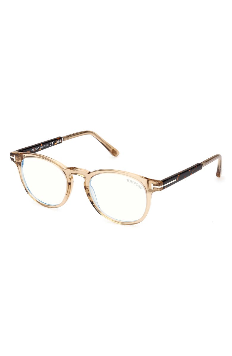 TOM FORD 49mm Round Blue Light Blocking Optical Glasses, Alternate, color, Beige / Palladium / T Logo