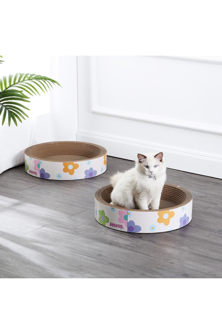 Daisy 18.13" Modern Cardboard Bowl Cat Scratcher with Catnip, Alternate, color, White/Multi