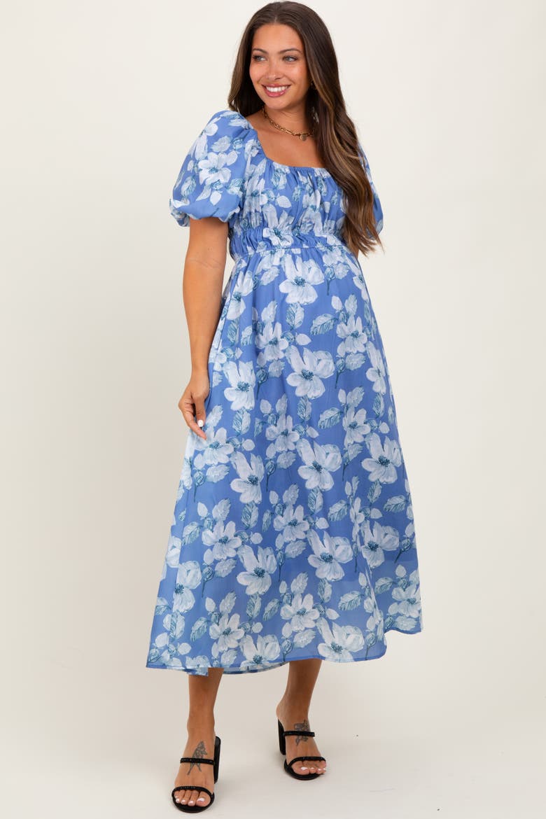 Multi Printed Floral Square Neck Midi Dress, Alternate, color, Blue