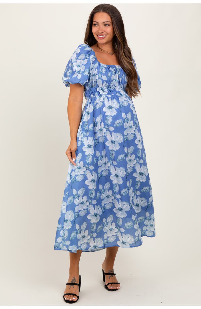 PinkBlush Multi Printed Floral Square Neck Midi Dress, Alternate, color, Blue