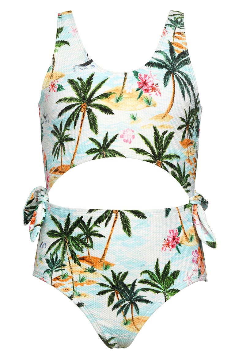 Kids' Destination Cutout One-Piece Swimsuit, Main, color, LIGHT BLUE MULTI