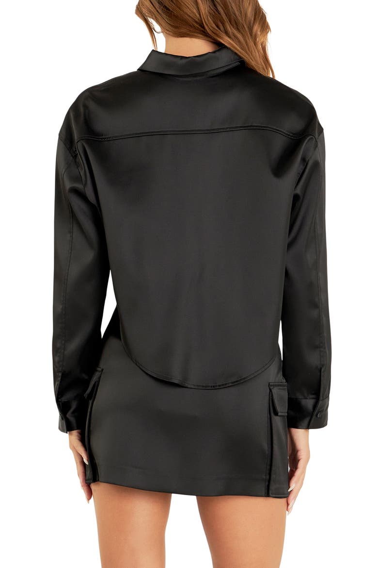 Pocket Detail Crop Satin Shirt, Alternate, color, BLACK