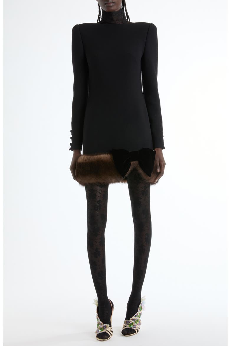 Long Sleeve Wool Crepe Minidress with Genuine Shearling Trim, Main, color, BLACK