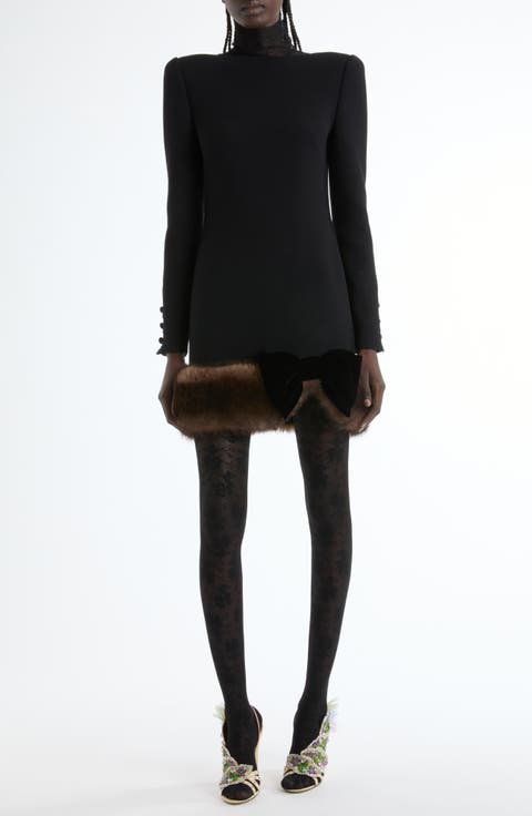 Long Sleeve Wool Crepe Minidress with Genuine Shearling Trim