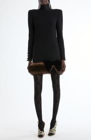 Valentino Long Sleeve Wool Crepe Minidress with Genuine Shearling Trim