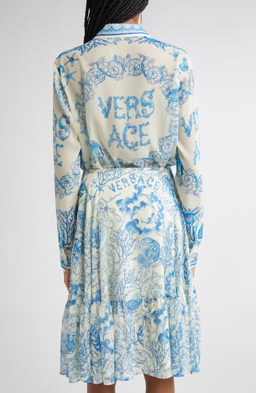 Versace Underwater Barocco Techno Crepon Button-up Shirt In Blue