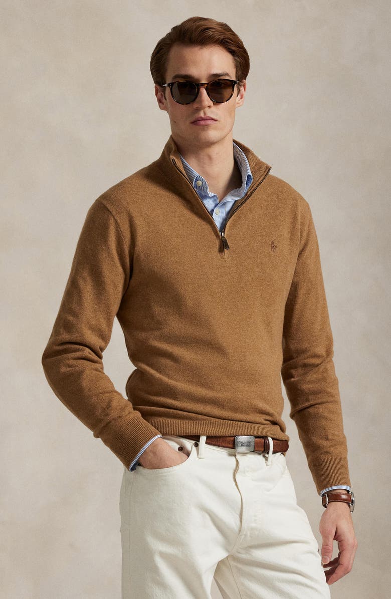Polo Ralph Lauren Regular Fit Wool Quarter Zip Sweater, Alternate, color, Latte Brown Heather