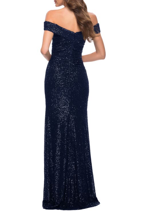 La Femme Off The Shoulder Ruched Sequin Dress With Slit In Navy