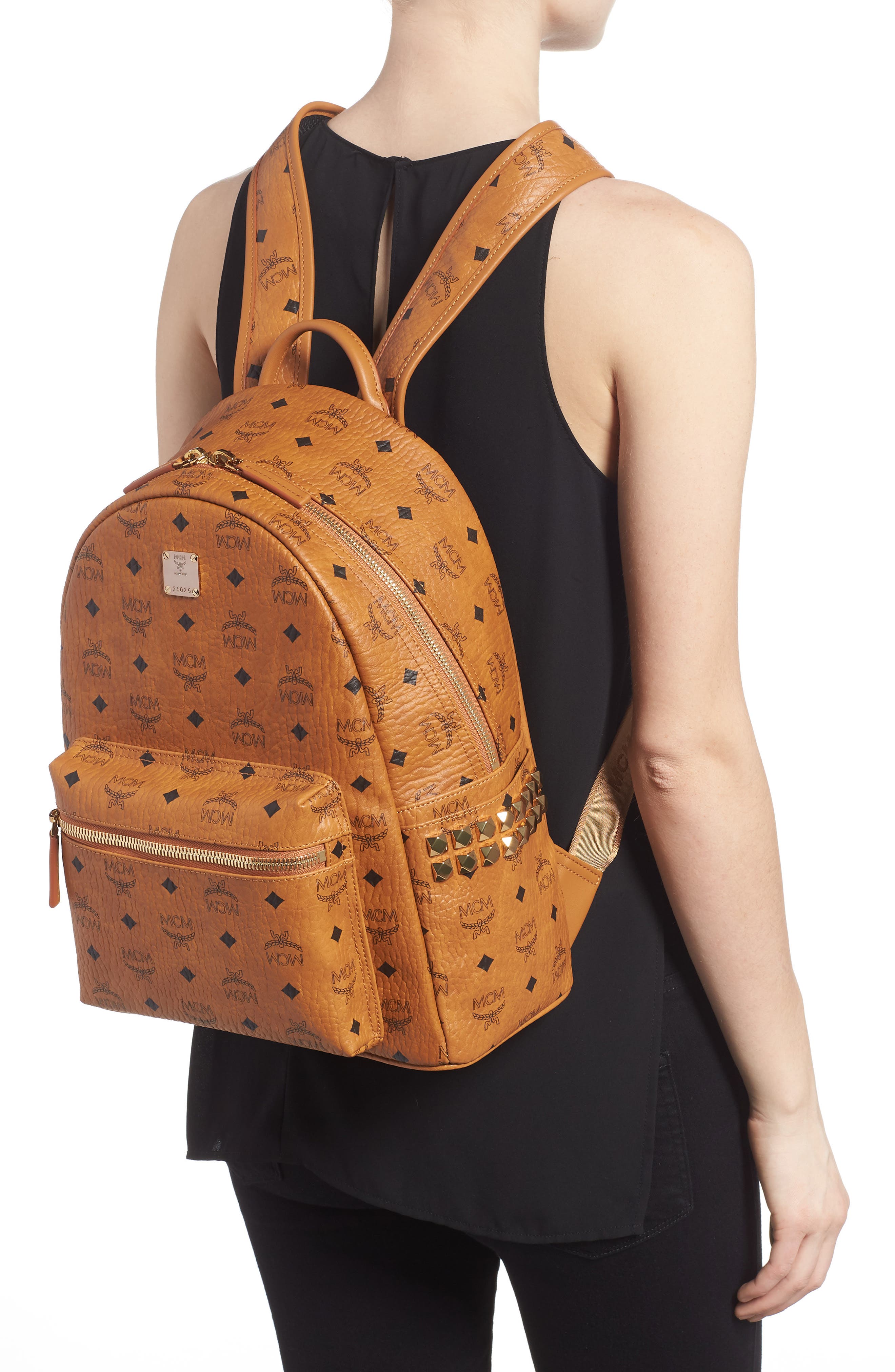 Medium Stark Side Stud Coated Canvas Backpack, Alternate, color, COGNAC