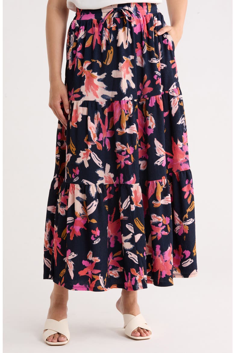 Tiered Drawstring Maxi Skirt, Main, color, NAVY PINK - LUCY FLORAL