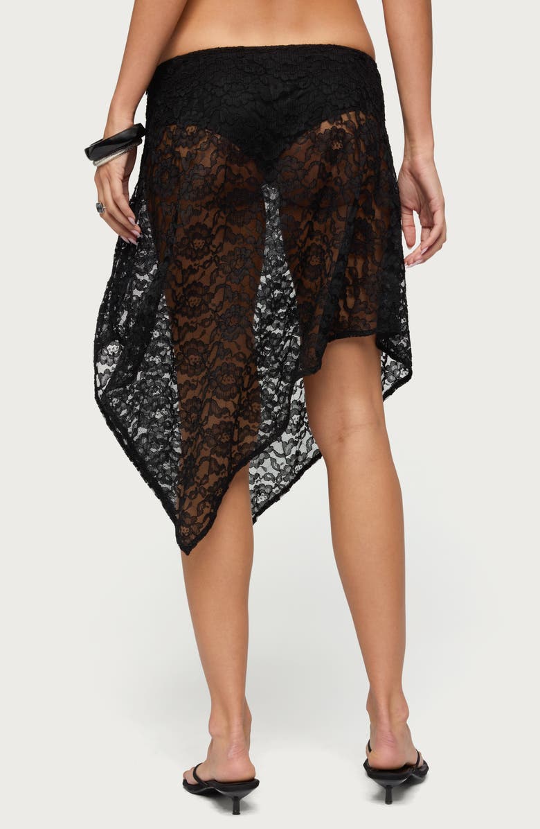 EDIKTED Handkerchief Hem Low Rise Sheer Lace Skirt, Alternate, color, Black