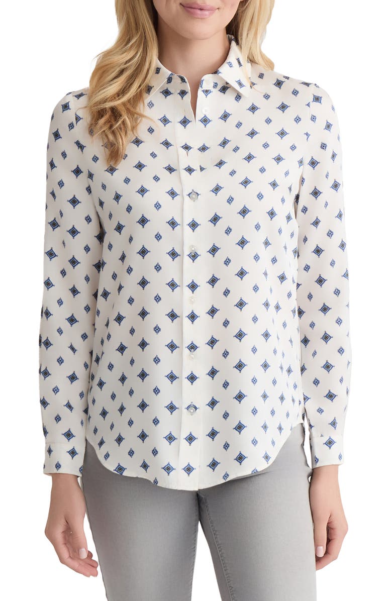 Jones New York Diamond Print Button-Up Shirt, Main, color, Jones White Multi