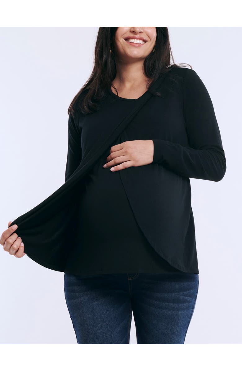 MOTHERHOOD MATERNITY Crewneck Long Sleeve Draped Nursing Tee, Main, color, Black