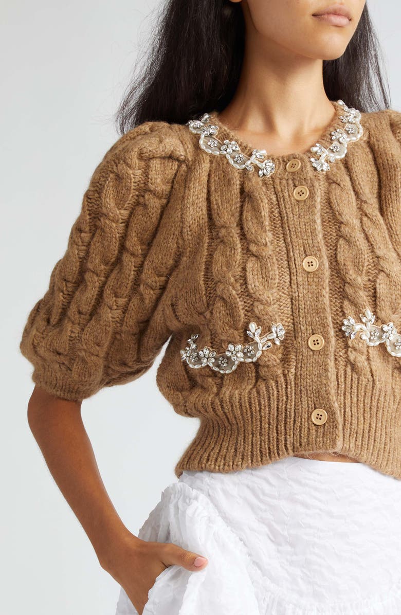 Simone Rocha Rhinestone & Imitation Pearl Detail Alpaca Blend Sweater, Alternate, color, Camel/ Pearl/ Clear