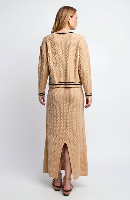 Modenaire Cable Knit Cardigan & Maxi Skirt Set With Striped Trim And Button Detail In Brown