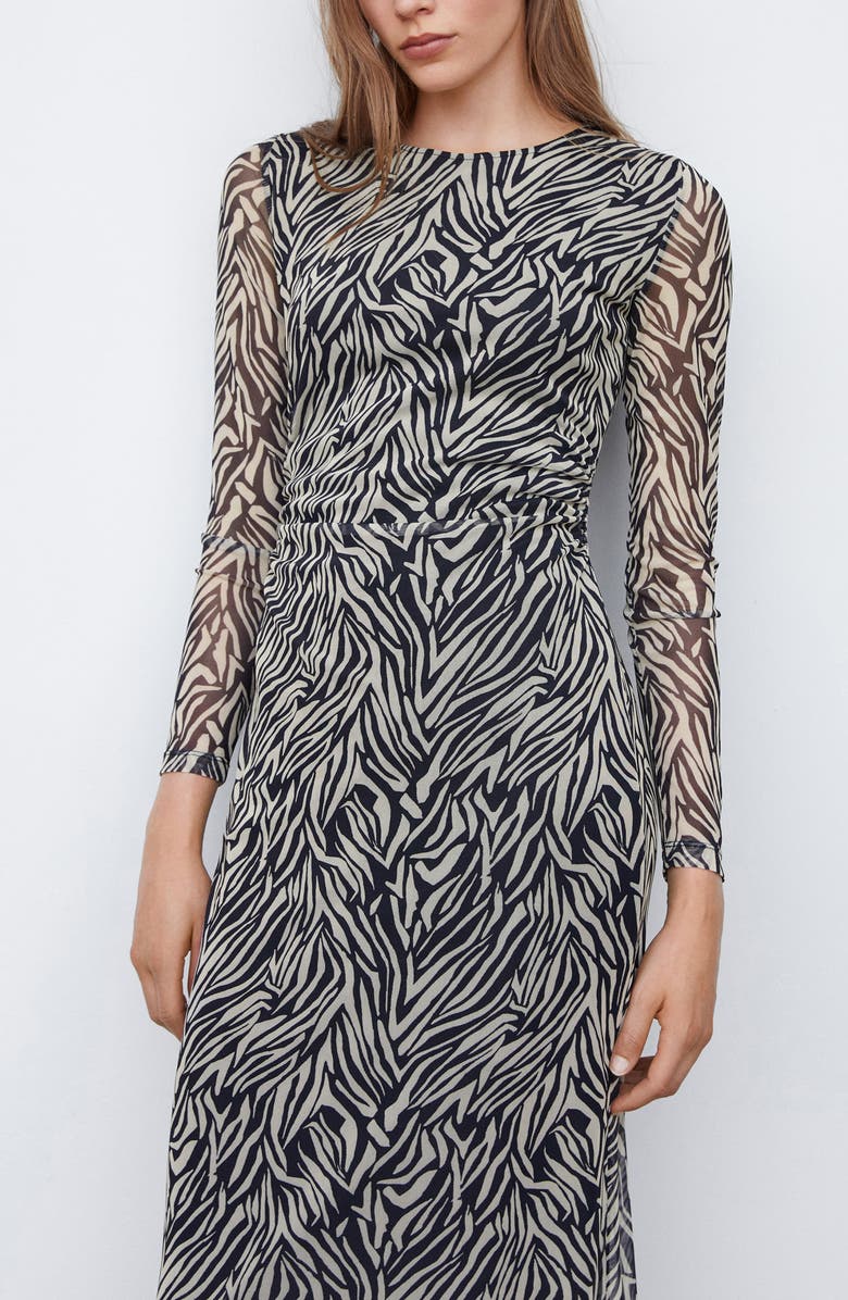 MANGO Zebra Print Long Sleeve Mesh Midi Dress, Alternate, color,