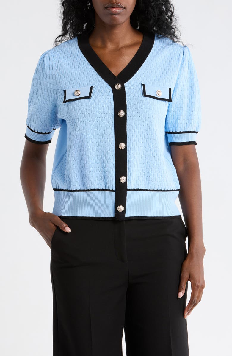Nanette Lepore Preppy Pointelle Short Sleeve Sweater, Main, color, Airy Blue/ Very Black