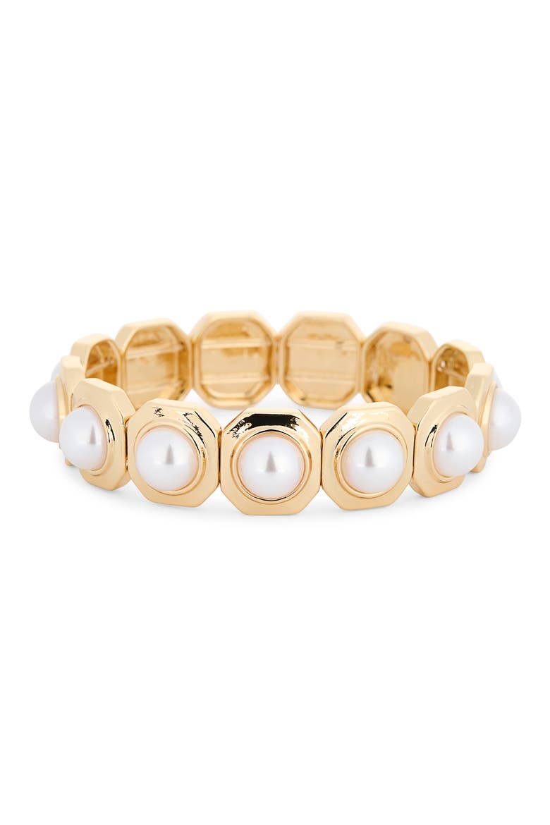 Bezel Set Faux Pearl Stretch Bracelet, Main, color, WHITE- GOLD