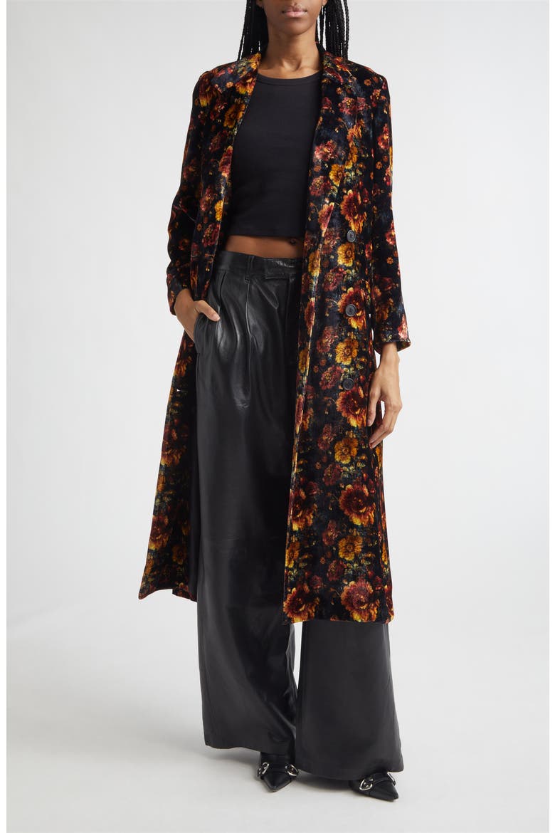 Drapey Floral Double Breasted Velvet Duster Coat, Alternate, color, ORANGE MULTI FLORAL