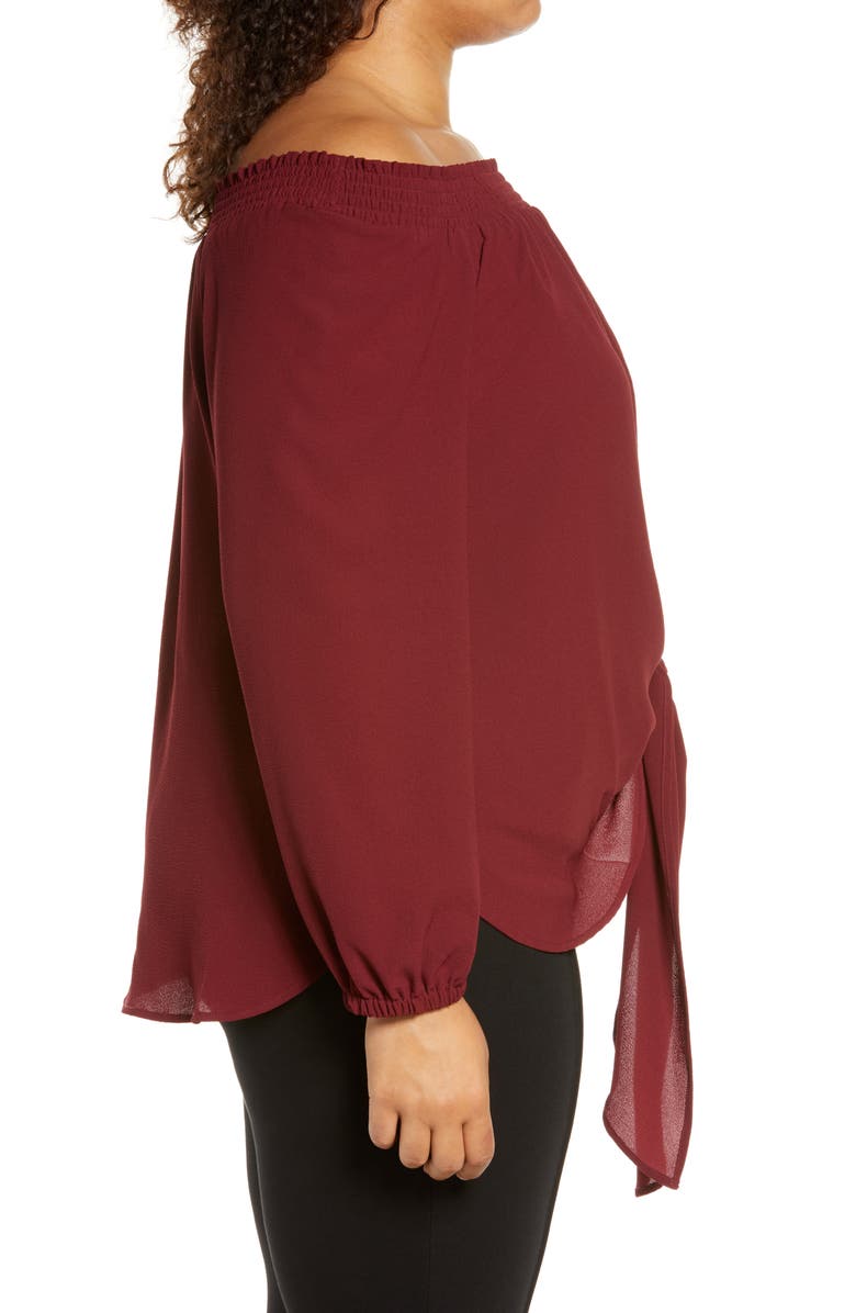 MICHAEL Michael Kors Tie Front Off the Shoulder Crepe Blouse, Alternate, color, Cranberry