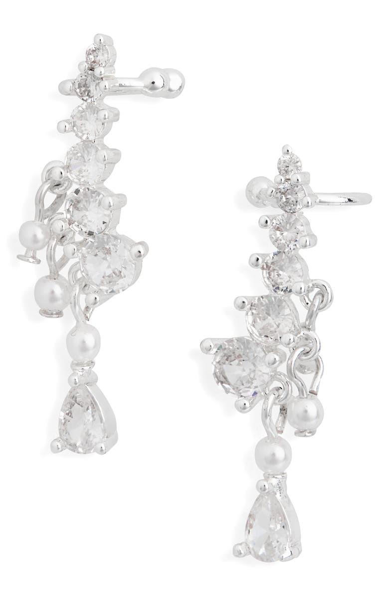 NORDSTROM RACK Cubic Zirconia & Faux Pearl Climber Stud Earrings, Main, color, Clear- White- Silver